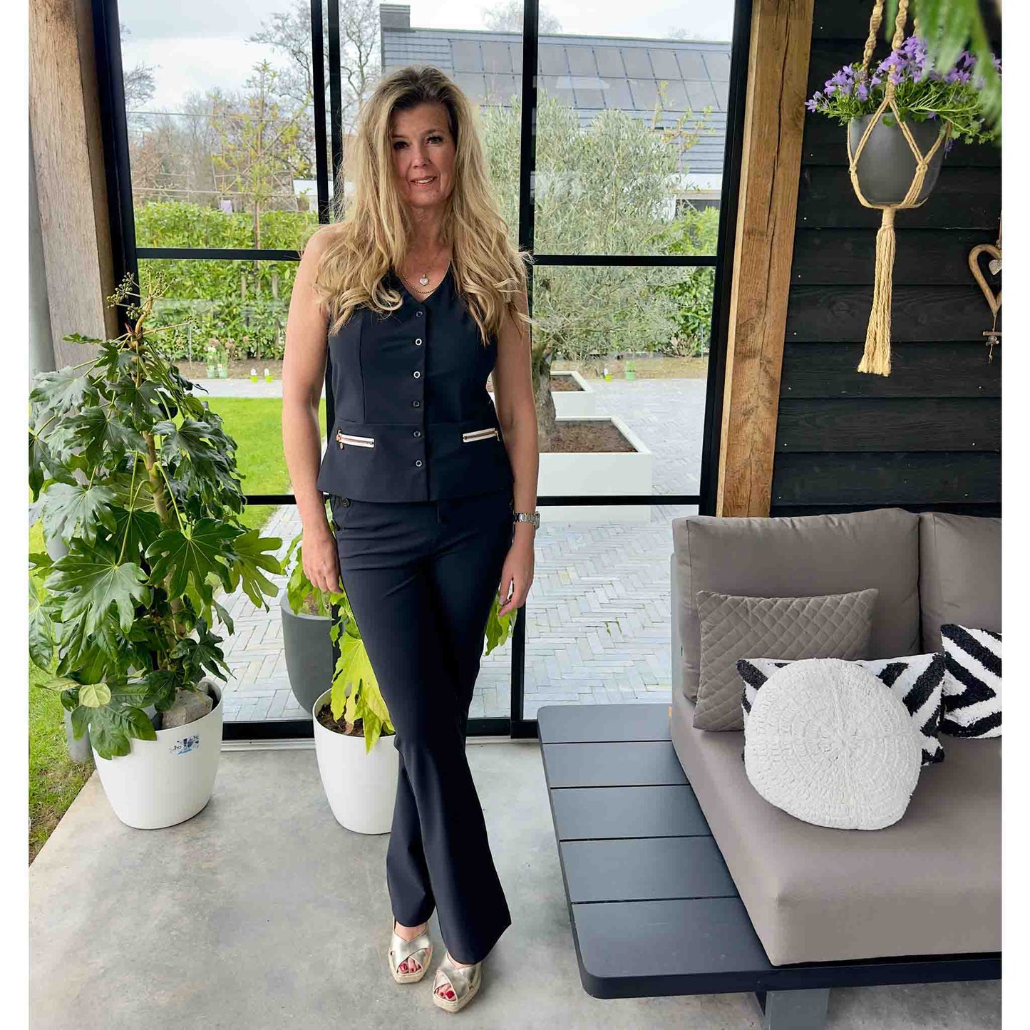 Zip73 Broek Flare Button Zwart lange vrouwen tall