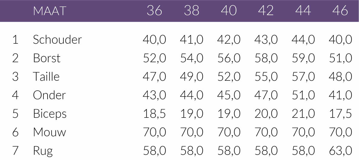 Maattabel Maicazz Bomber Pauline | Tall