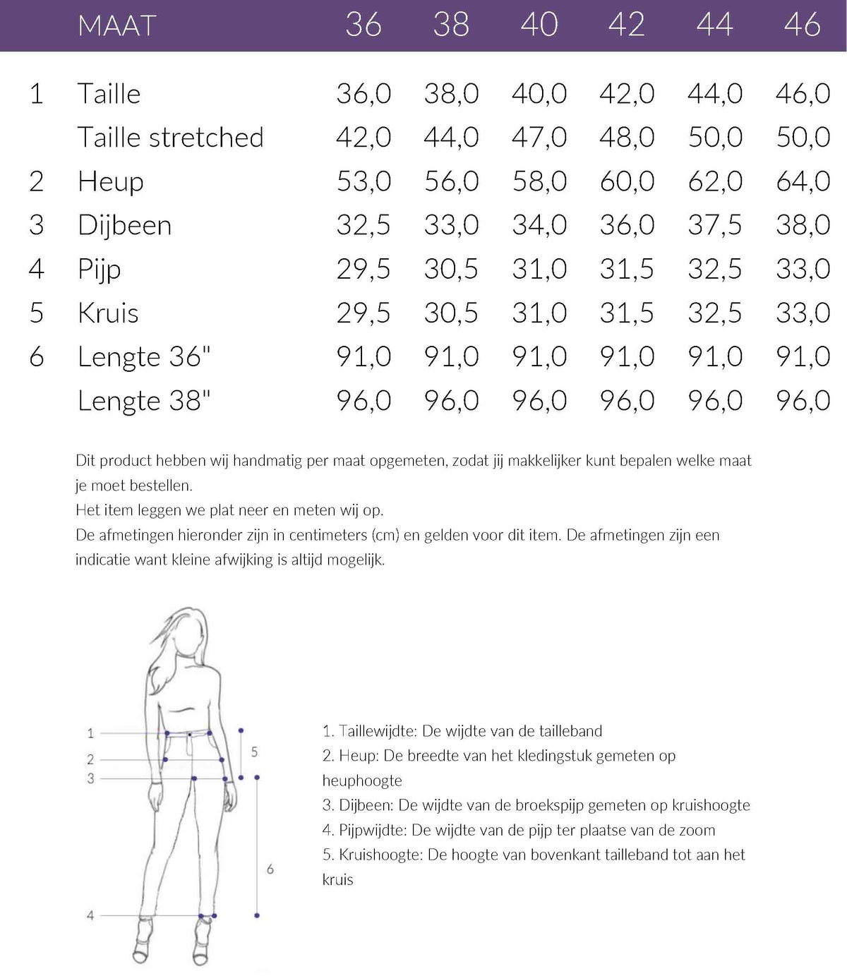 Maattabel Bloomers Broek Mara Paars | Tall