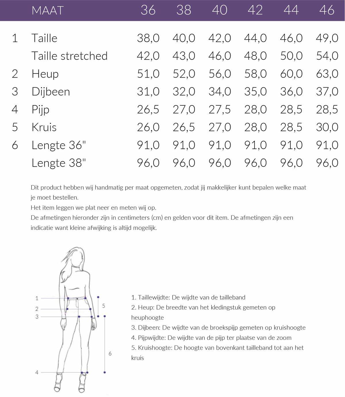 Maattabel Bloomers Jeans Rita Naturel | Tall