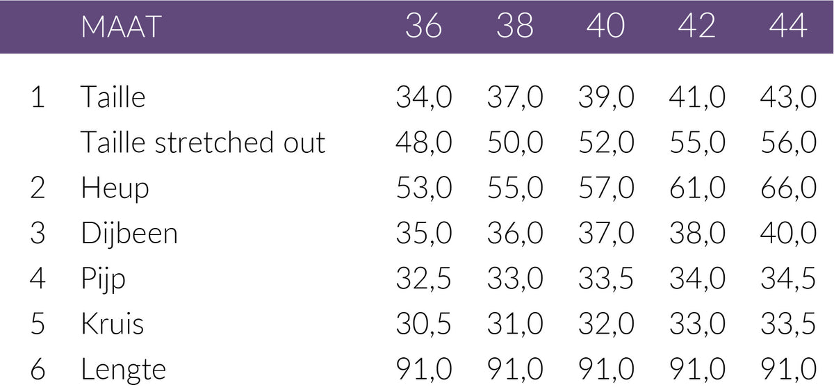 Maattabel Kimara Broek Norel | Tall