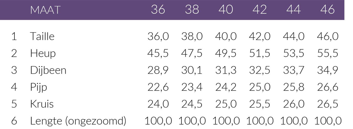 Maattabel LongLady Broek Betty Bruin | Tall