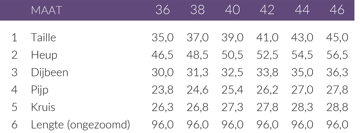 Maattabel LongLady Broek Bobanne Velvet Bruin | Tall