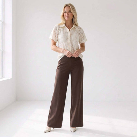 Tall Broek Mac Coralie Floating Crepe Trufflebrown model lange dames 