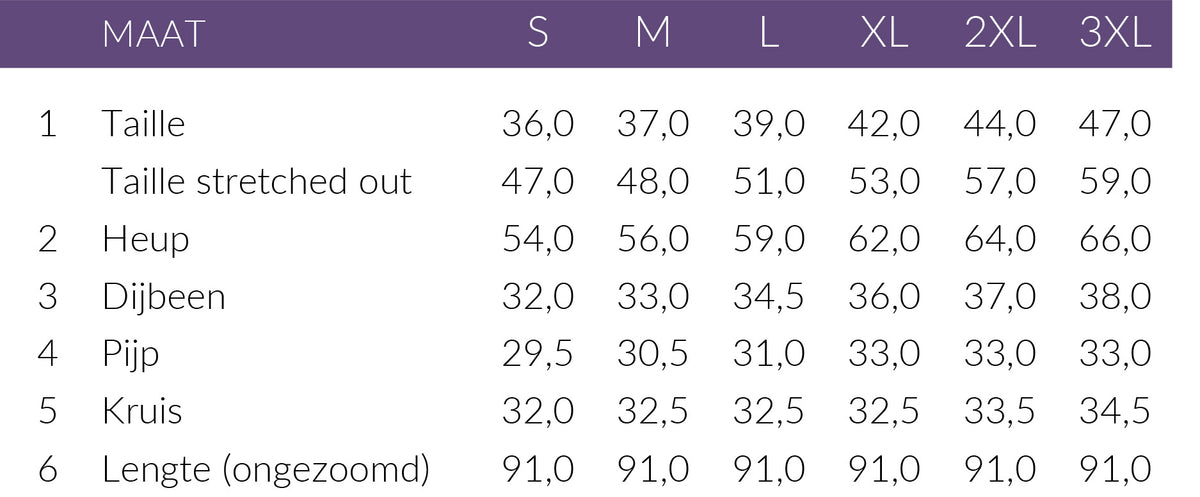 Maattabel NED Broek Yura Bruin Zebra | Tall