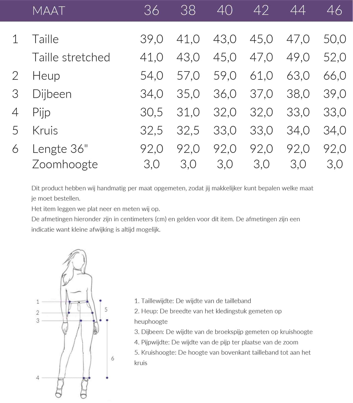 Maattabel ZiZo Broek Pay | Tall