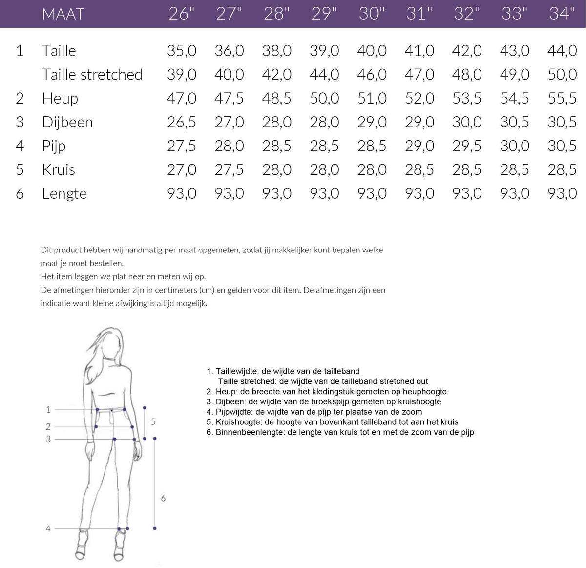 Maattabel DNM Pure Bobby Brazil Sand | Tall