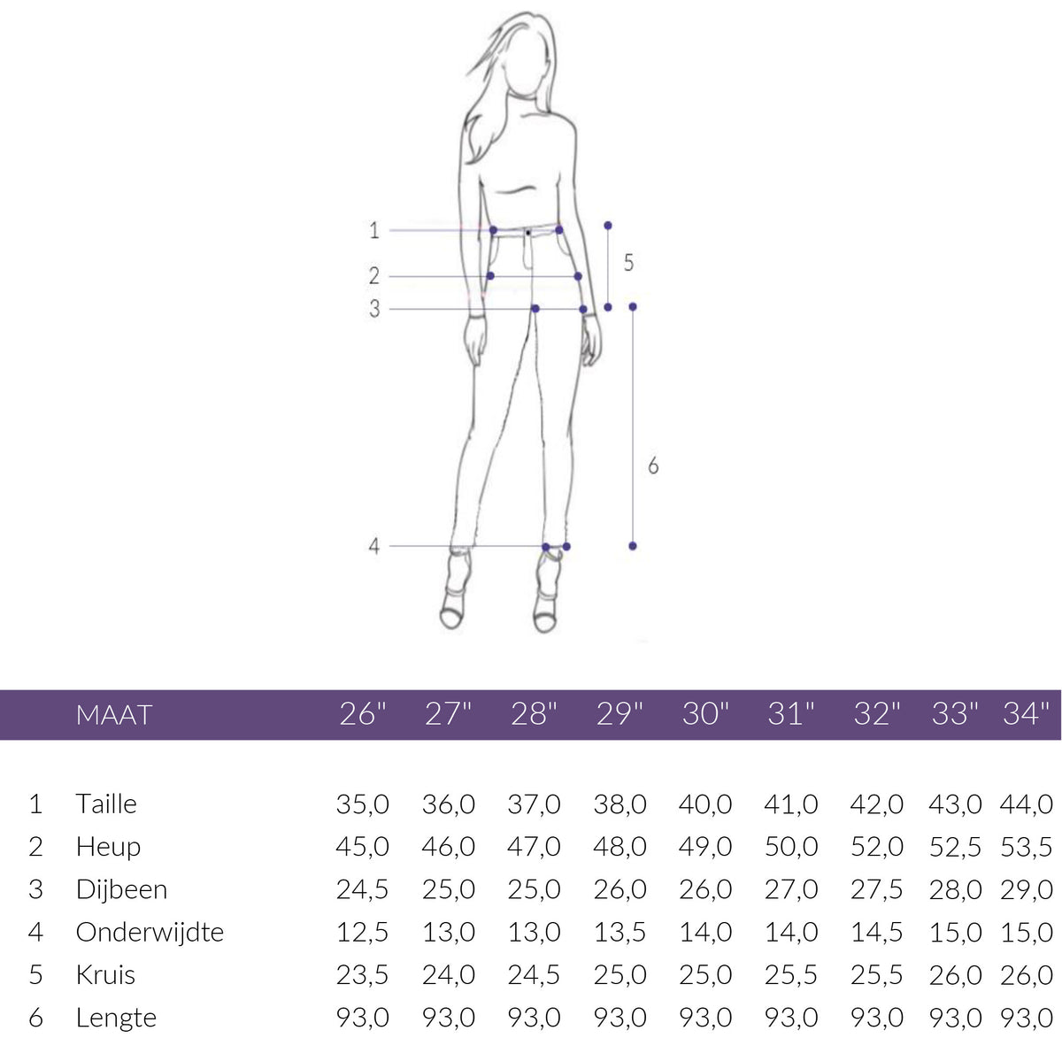 Maattabel DNM Pure San Flap Midblue | Tall