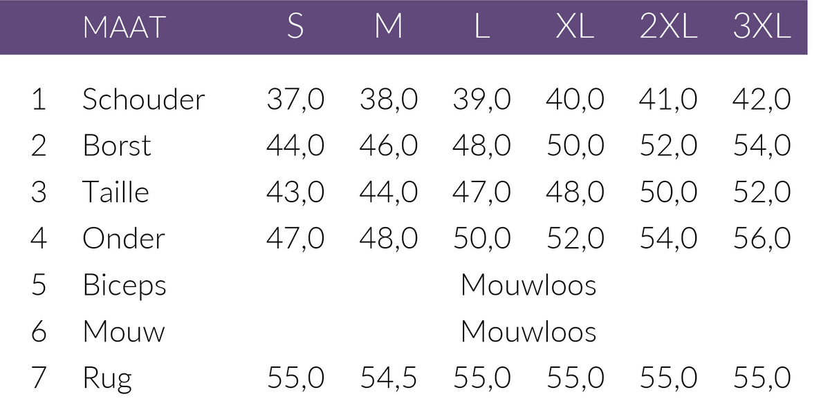 Maattabel TQ Gilet Kikia | Tall