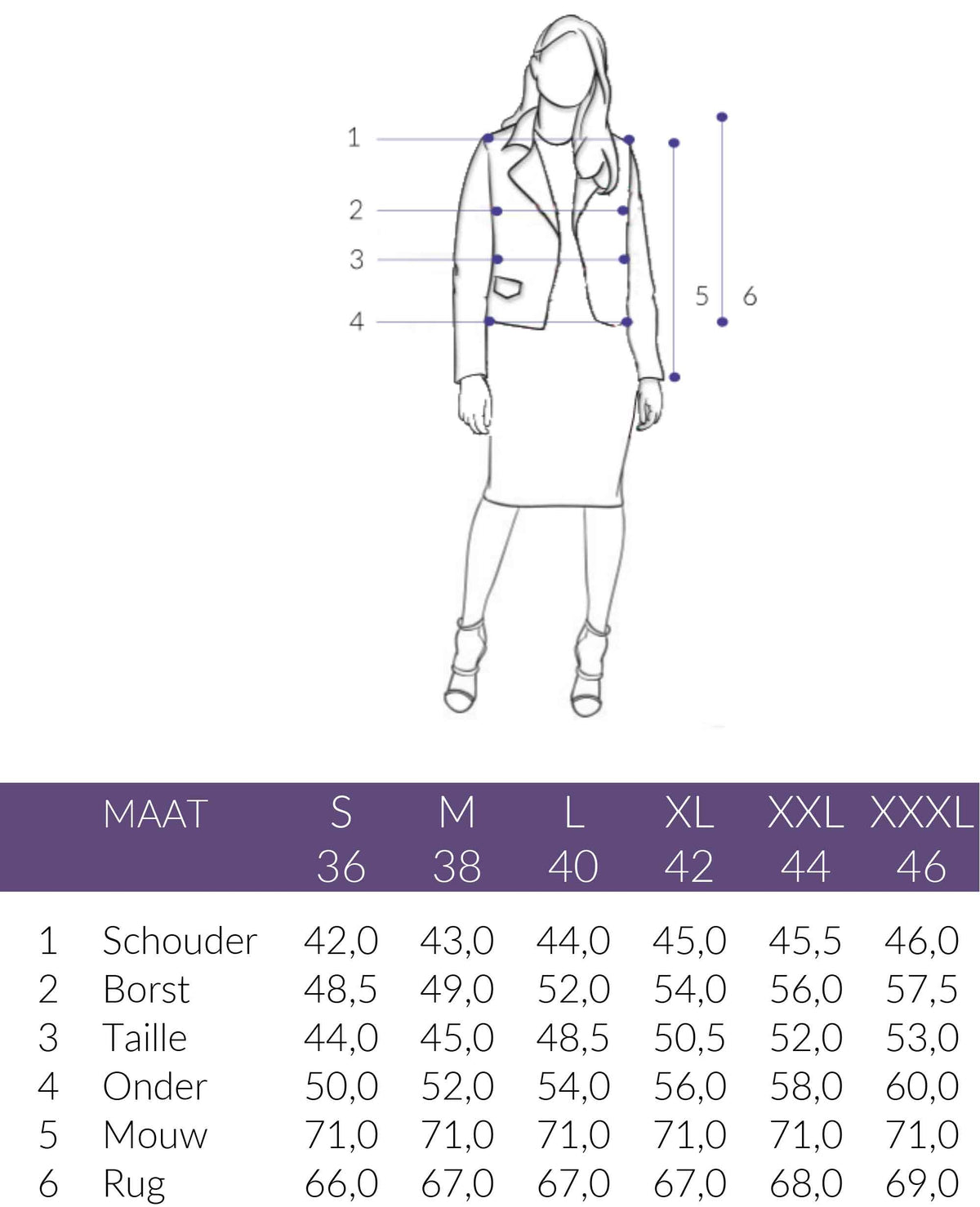 Maattabel Transmission Jack Leder Wilma | Tall