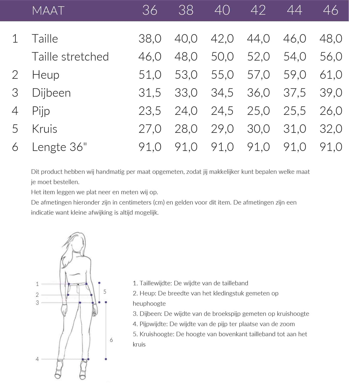 Maattabel Longlady Pyjamabroek Pauly Groen | Tall