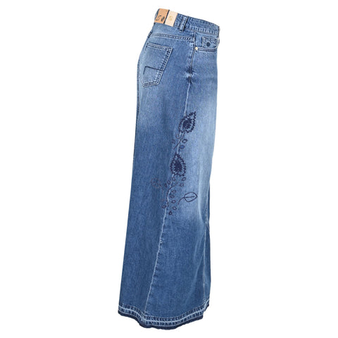 DNM Pure Skirt Used Blue Embroidery Navy, kleding voor lange vrouwen, zijaanzicht