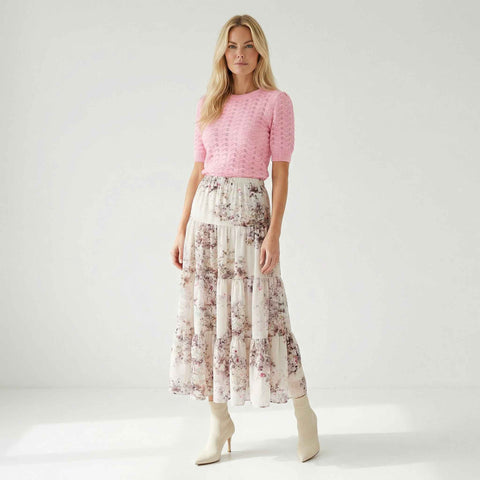 ICNK Rok Celine Flower lurex, tall kleding voor lange vrouwen, gedragen door model