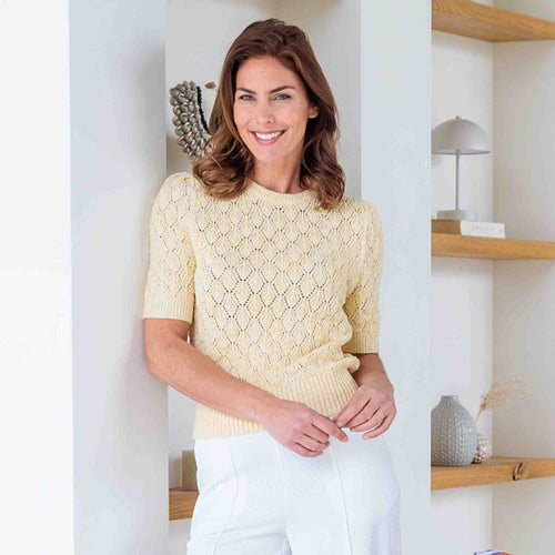 NED Truitje Nene Geel, tall kleding voor lange vrouwen, gedragen door model